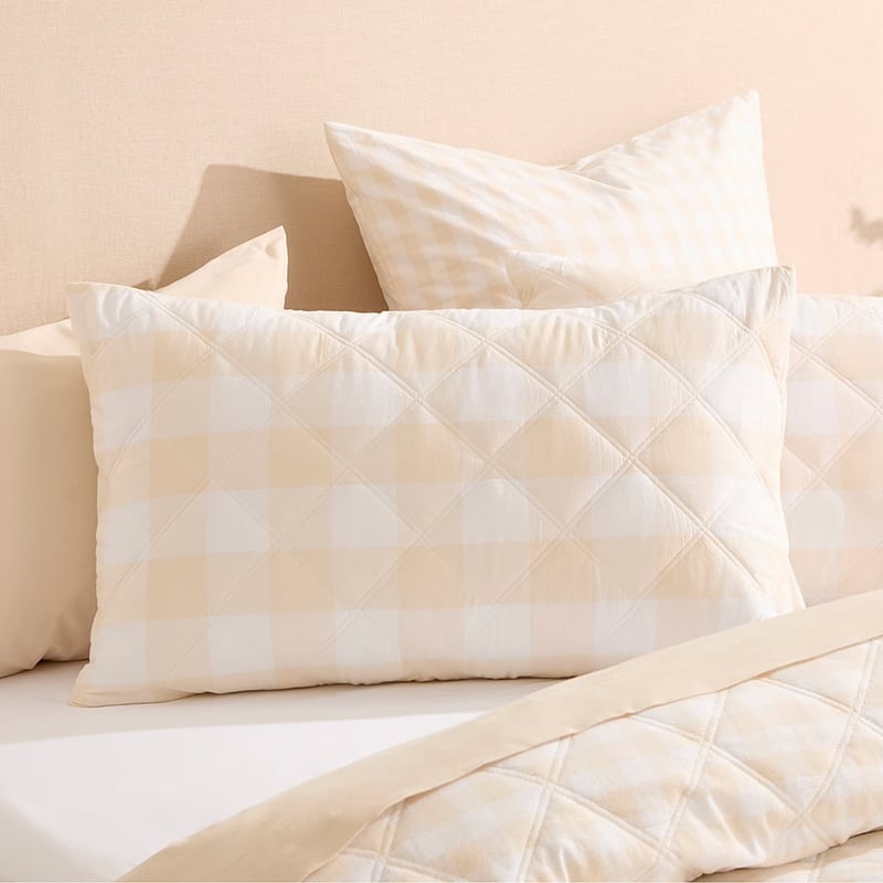 Stonewashed Cotton Sand Gingham Quilted Pillowcases