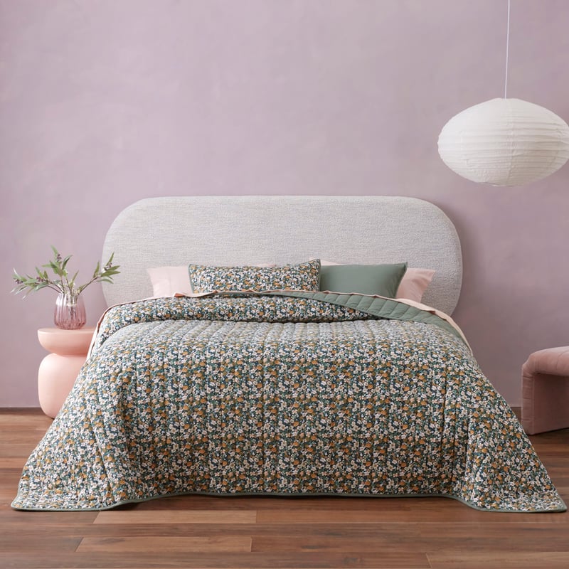 Flannelette Printed Libertine Floral Green Quilted Coverlet Separates
