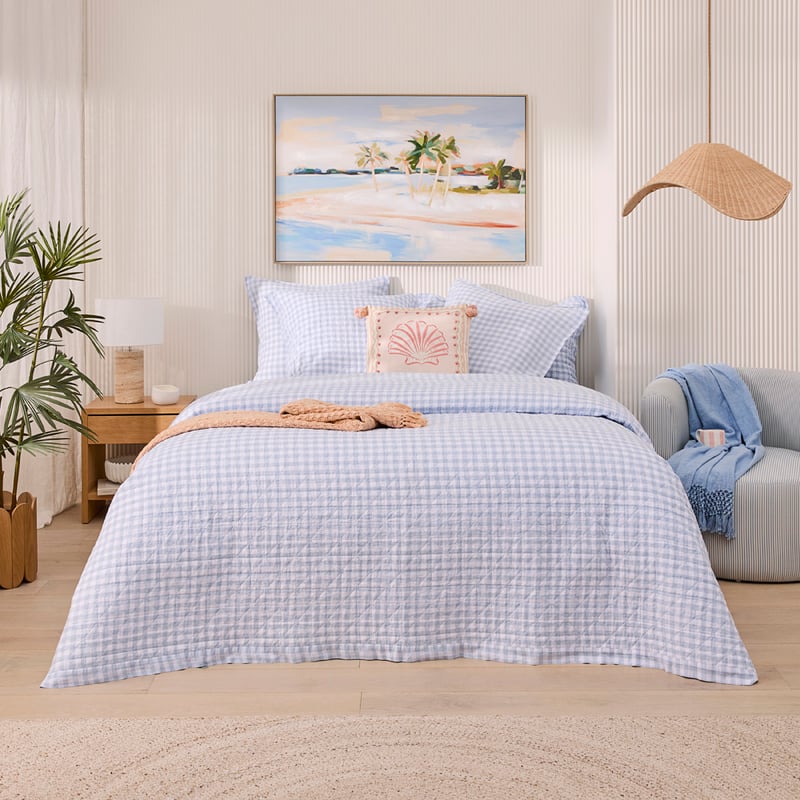Vintage Washed Linen Dusty Blue Check Quilted Coverlet Separates