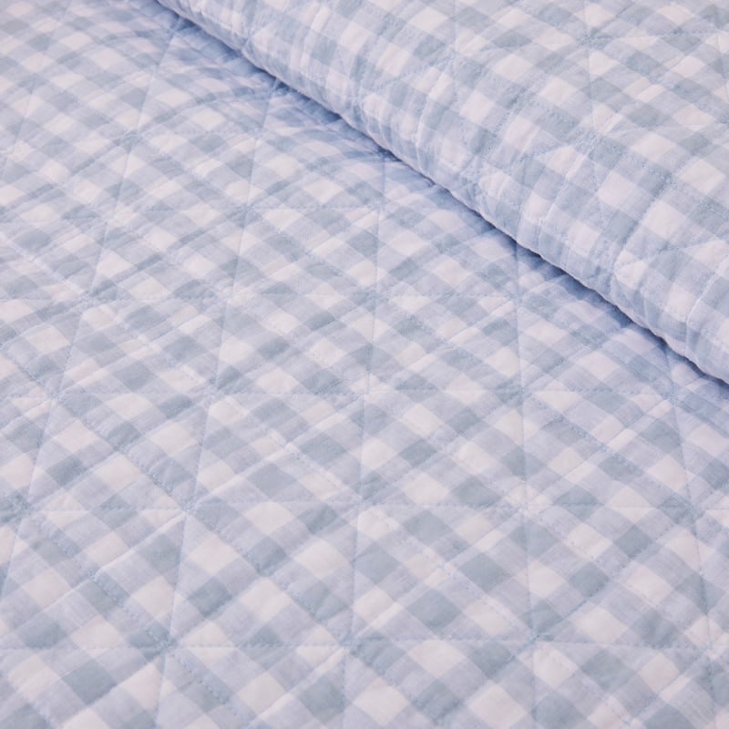 Vintage Washed Linen Dusty Blue Check Quilted Coverlet Separates