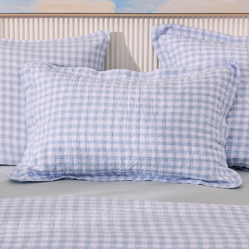 Vintage Washed Linen Dusty Blue Check Quilted Coverlet Separates