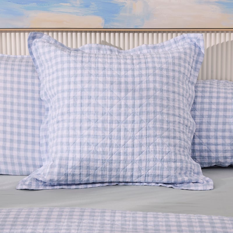 Vintage Washed Linen Dusty Blue Check Quilted Coverlet Separates