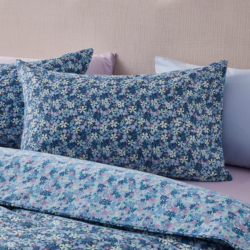Flannelette Printed Winter Blossom Blue Quilt Cover Set