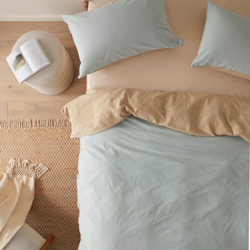 Olsen Linen Cotton Natural & Aquamarine Quilt Cover Set