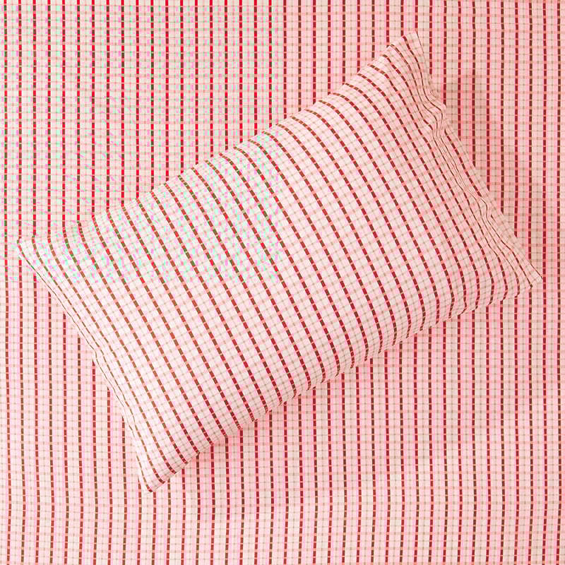 Pink & Red Check Printed Percale Sheet Set