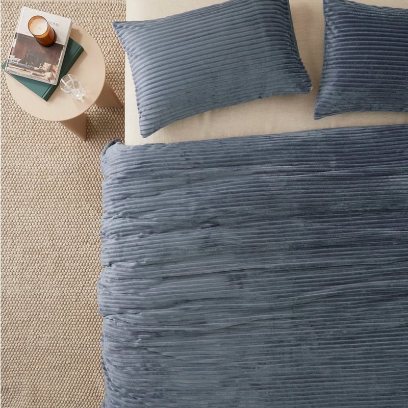 Steel Blue Fur Ribbed Quilt Cover Set