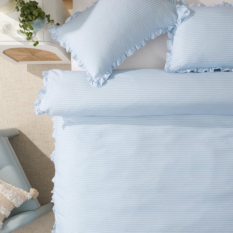 Microfibre Ruffle Blue Stripe Quilt Cover Set