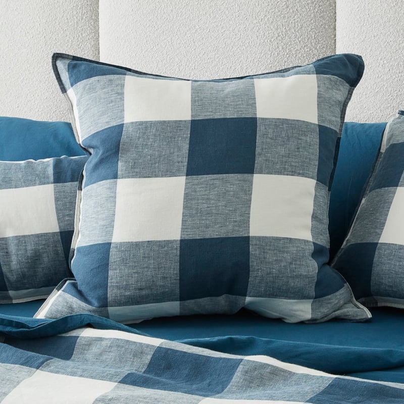 Vintage Washed Linen Large Navy Check Pillowcases