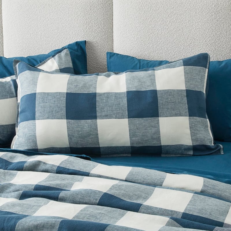 Vintage Washed Linen Large Navy Check Pillowcases