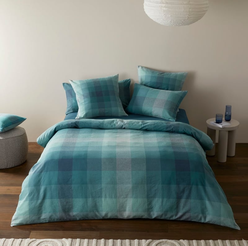 Vintage Washed Linen Cotton Ombre Check Teal Pillowcases