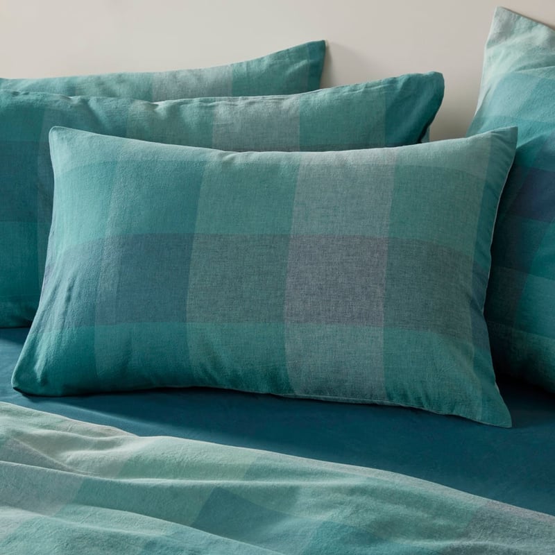 Vintage Washed Linen Cotton Ombre Check Teal Quilt Cover Set + Separates