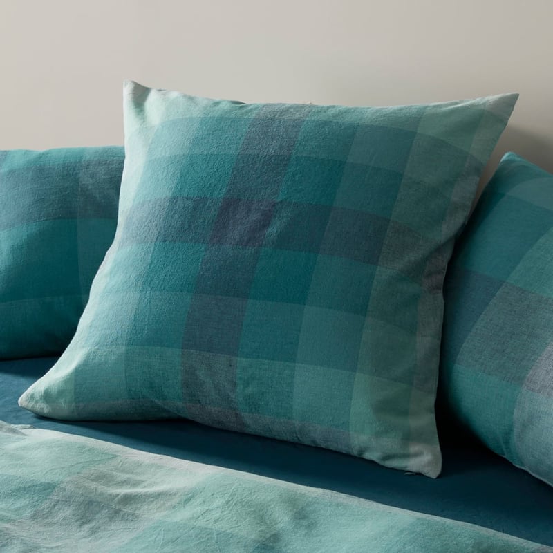Vintage Washed Linen Cotton Ombre Check Teal Pillowcases
