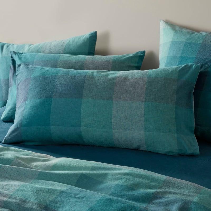 Vintage Washed Linen Cotton Ombre Check Teal Pillowcases