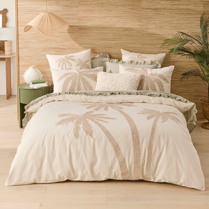 Noosa Palm Natural Embroidered Quilt Cover Separates 