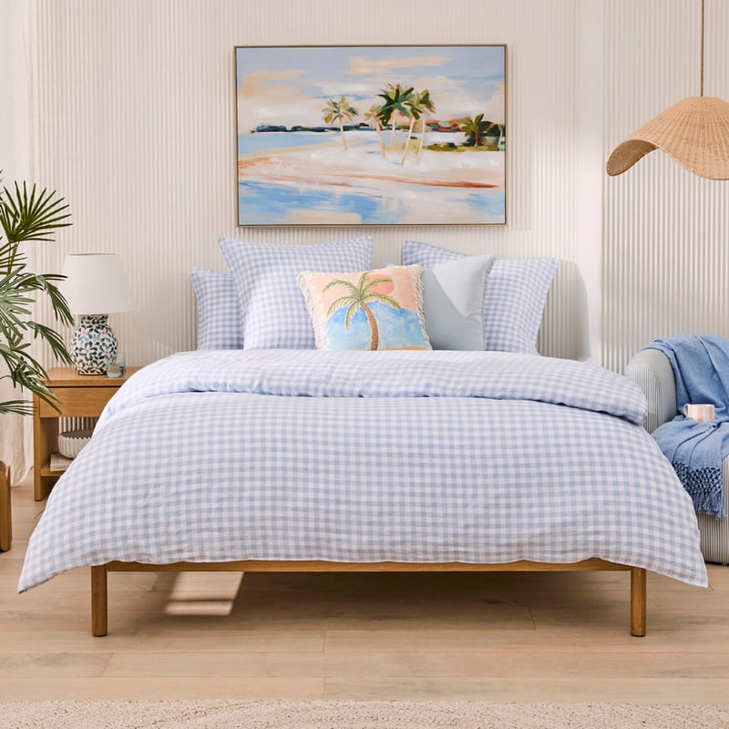 Vintage Washed Linen Dusty Blue Check Pillowcases