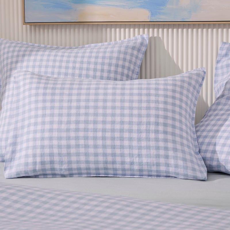 Vintage Washed Linen Dusty Blue Check Pillowcases
