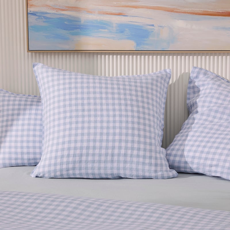 Vintage Washed Linen Dusty Blue Check Pillowcases