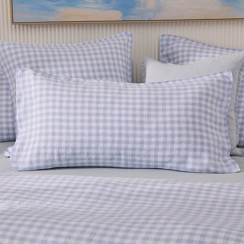 Vintage Washed Linen Dusty Blue Check Pillowcases