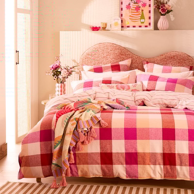 Vintage Washed Linen Cotton Magenta Fiesta Check Quilt Cover Set + Separates
