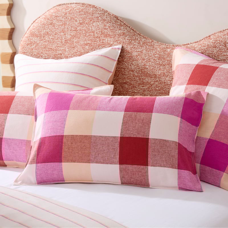 Vintage Washed Linen Cotton Magenta Fiesta Check Quilt Cover Set + Separates