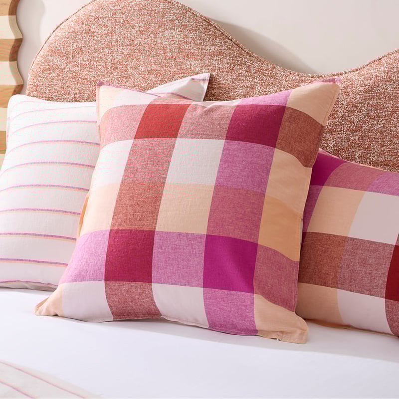 Vintage Washed Linen Cotton Magenta Fiesta Check Quilt Cover Set + Separates