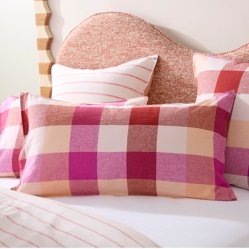 Vintage Washed Linen Cotton Magenta Fiesta Check Quilt Cover Set + Separates