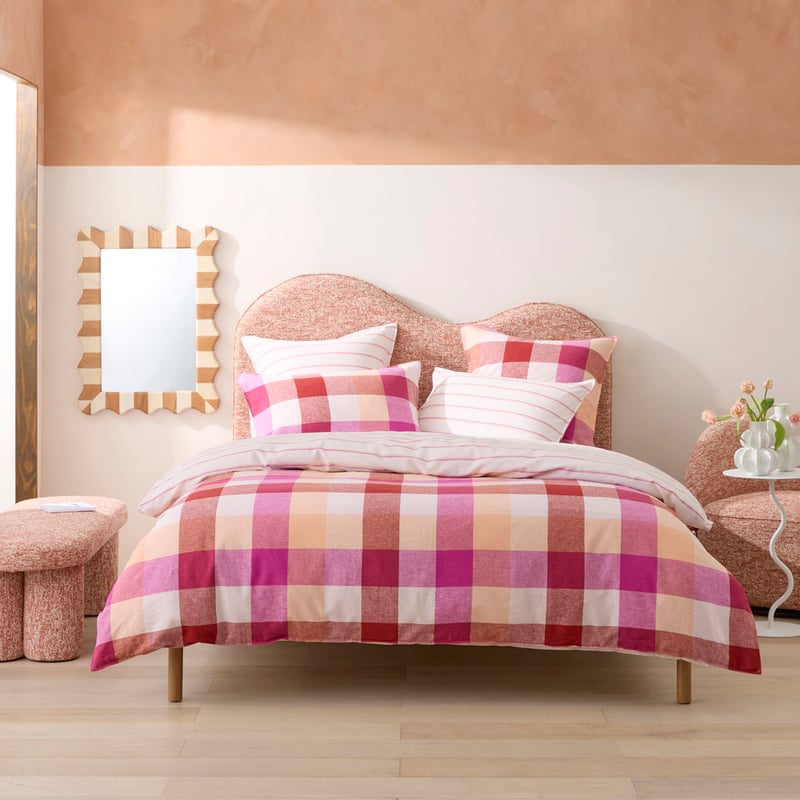 Vintage Washed Linen Cotton Magenta Fiesta Check Quilt Cover Set + Separates