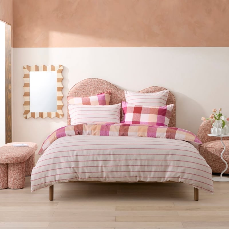 Vintage Washed Linen Cotton Magenta Fiesta Check Quilt Cover Set + Separates