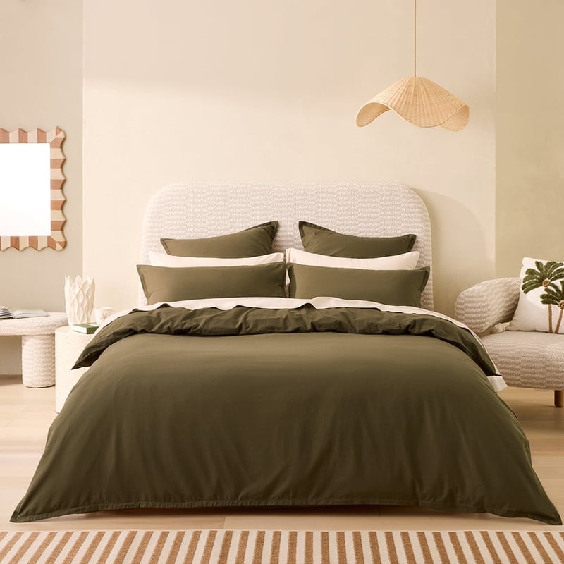 Relaxed Linen Look Dark Olive Quilt Cover Set + Separates