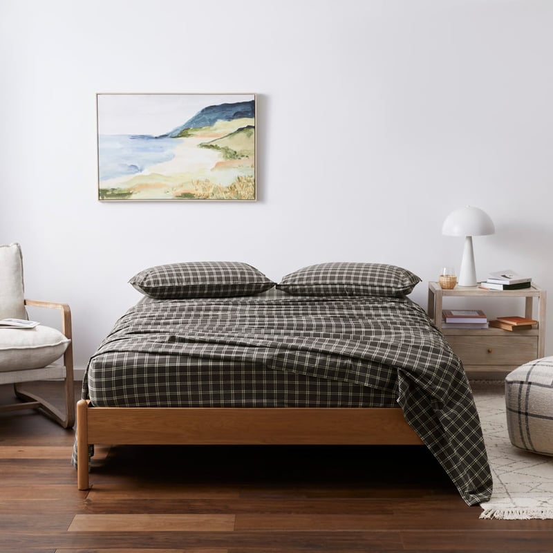 Stonewashed Cotton Charcoal Grid Sheet Set