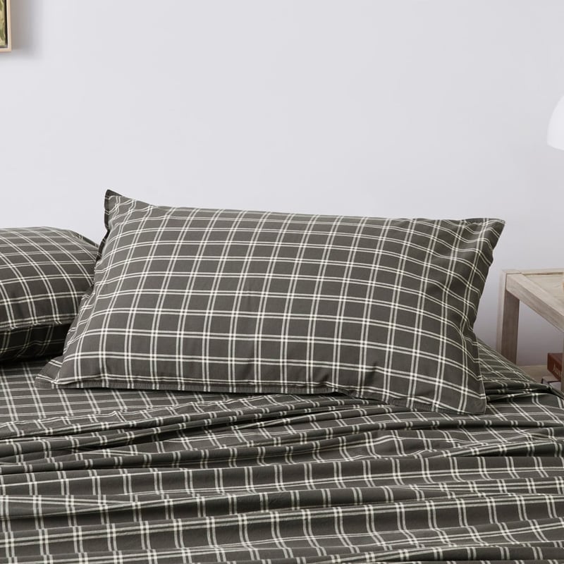 Stonewashed Cotton Charcoal Grid Sheet Set