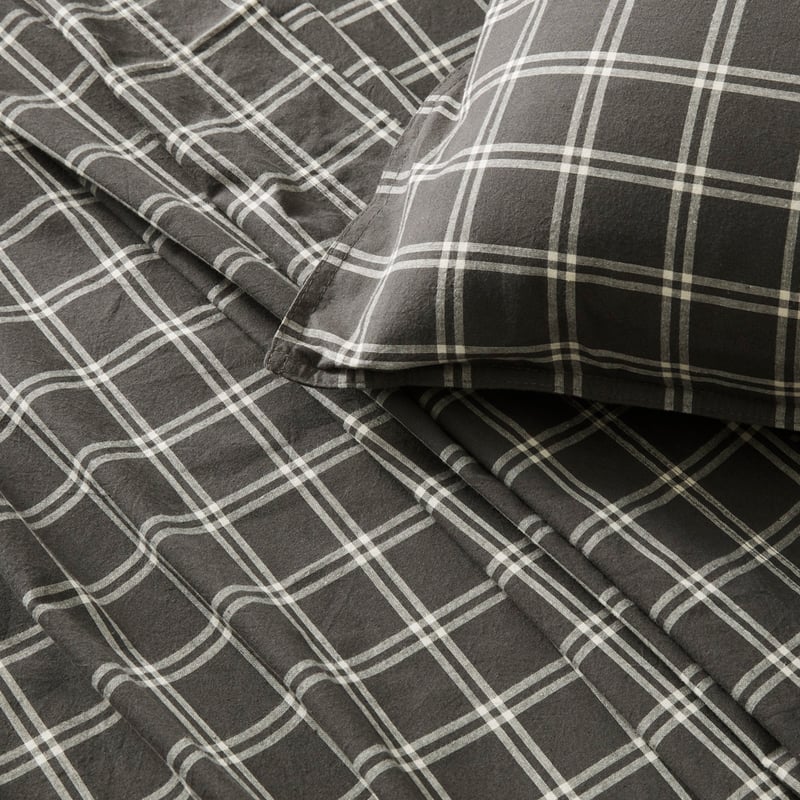 Stonewashed Cotton Charcoal Grid Sheet Set