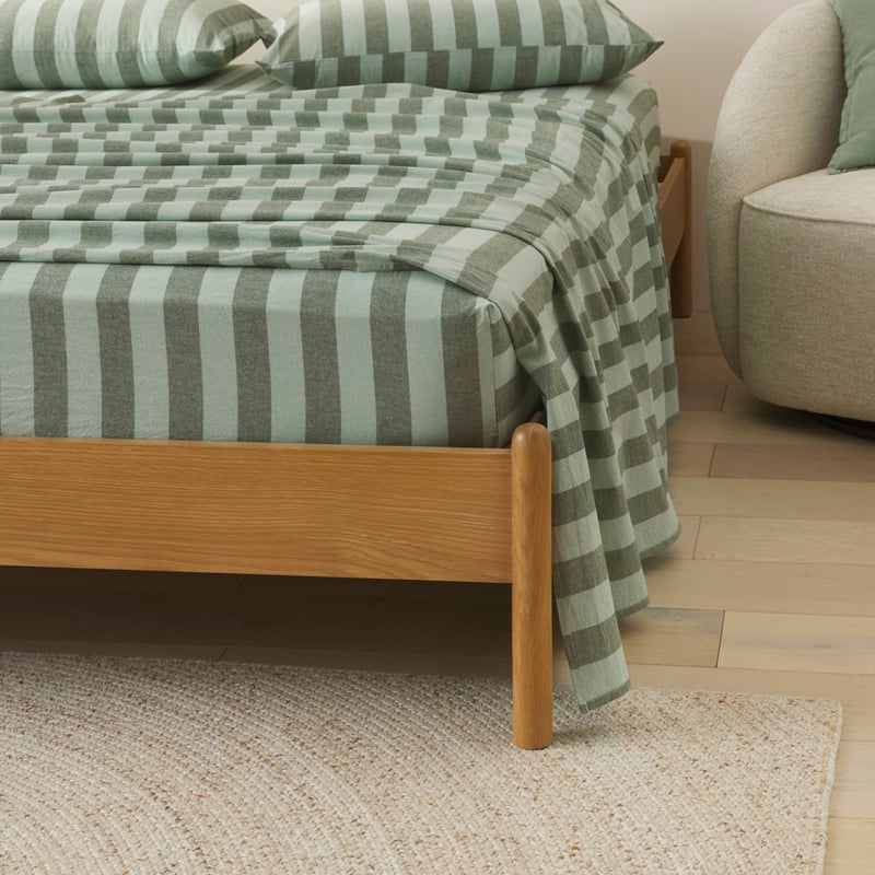 Stonewashed Cotton Green Block Stripe Sheet Set