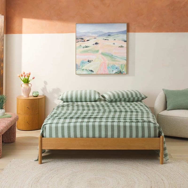 Stonewashed Cotton Green Block Stripe Sheet Set