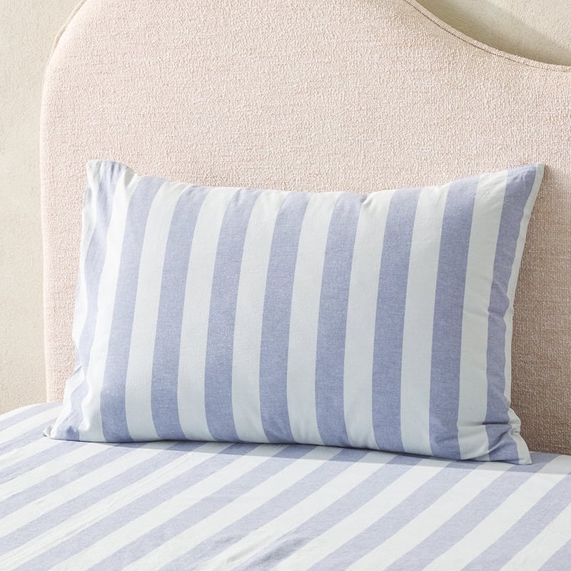 Stonewashed Cotton Blue Block Stripe Sheet Set