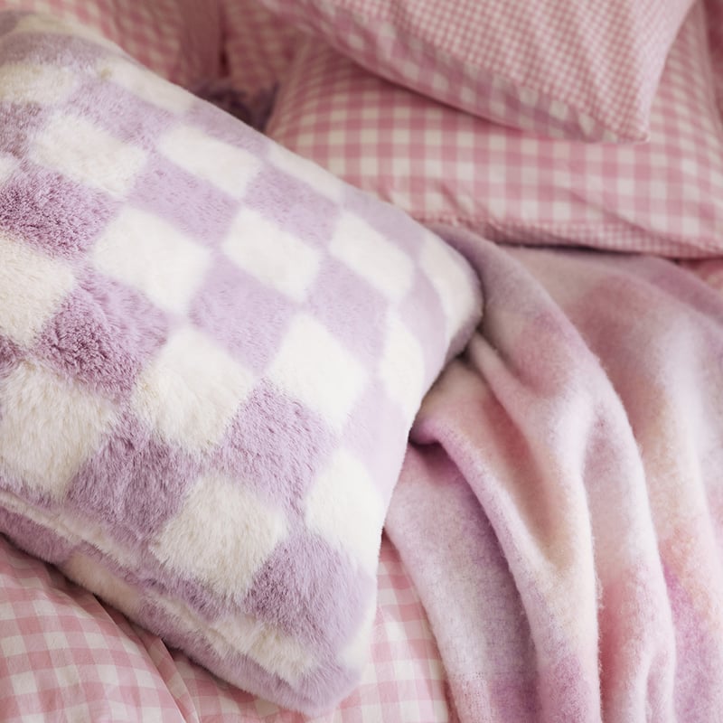 Frankie Lilac Check Faux Fur Cushion