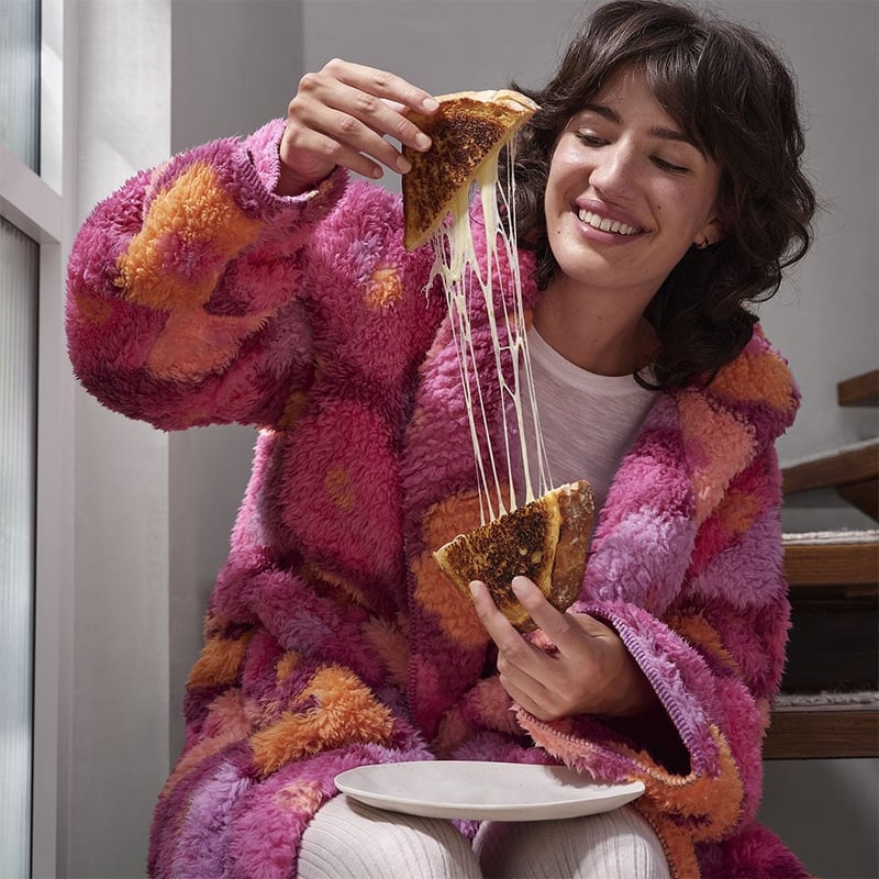 Sherpa Printed Berry Floral Hooded Bathrobe