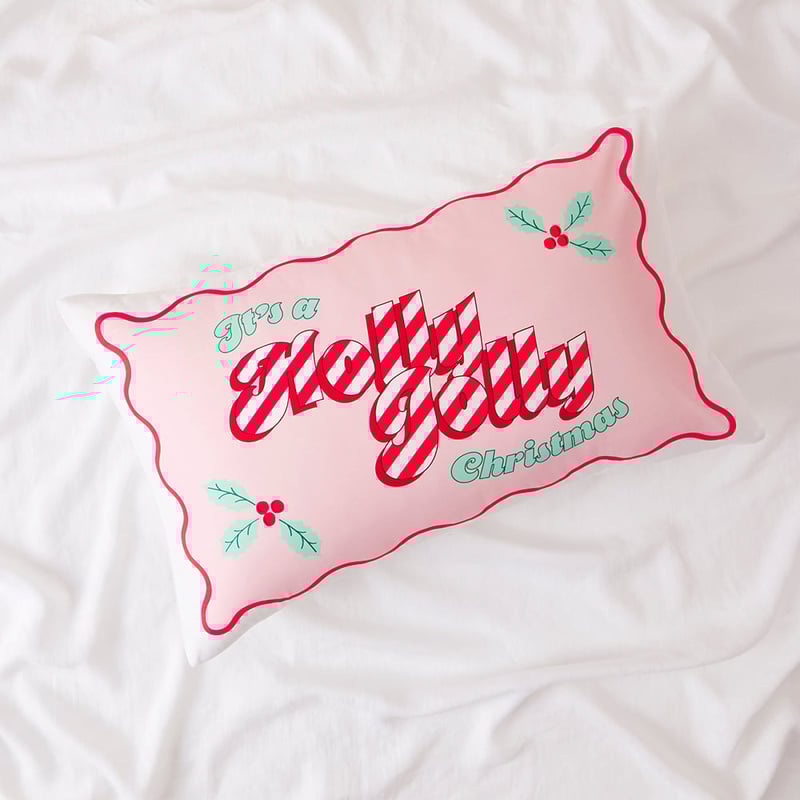 Holly Jolly White Text Pillowcase