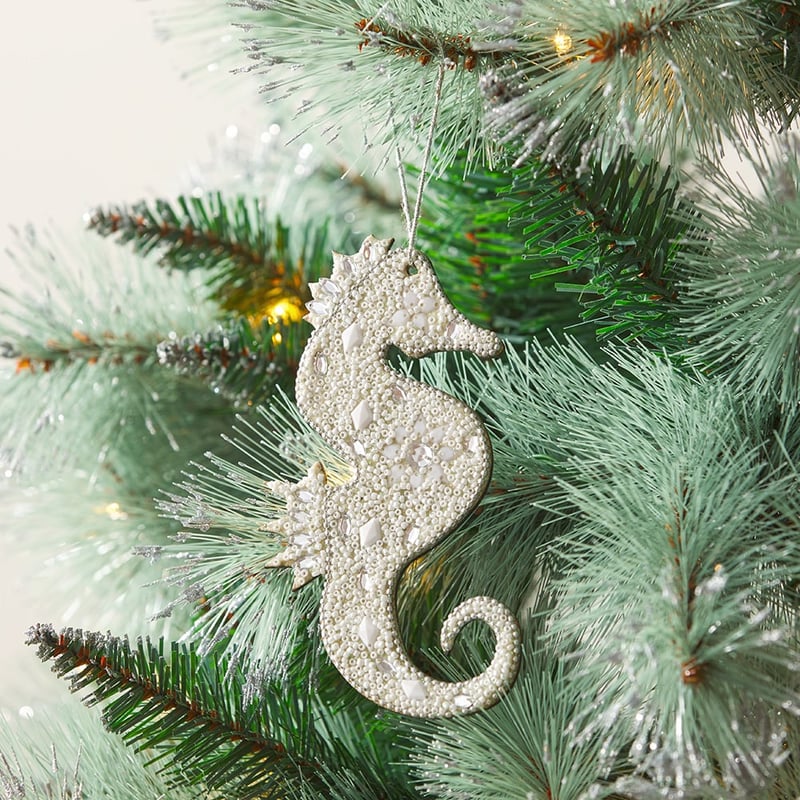 Glitter Beaded White Seahorse Ornament