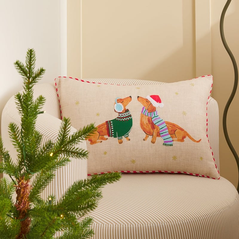 Festive Dachshund Linen Cushion