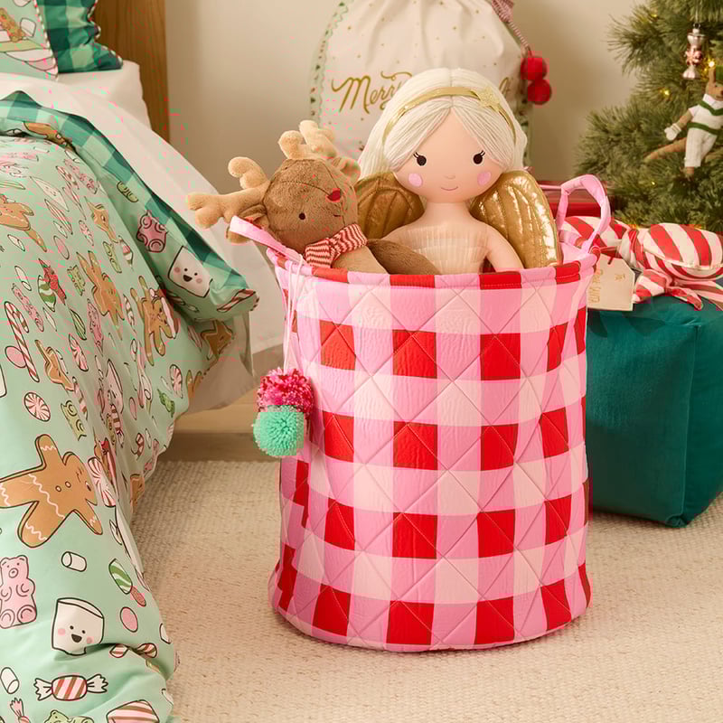 Christmas Pink Check Quilted Basket