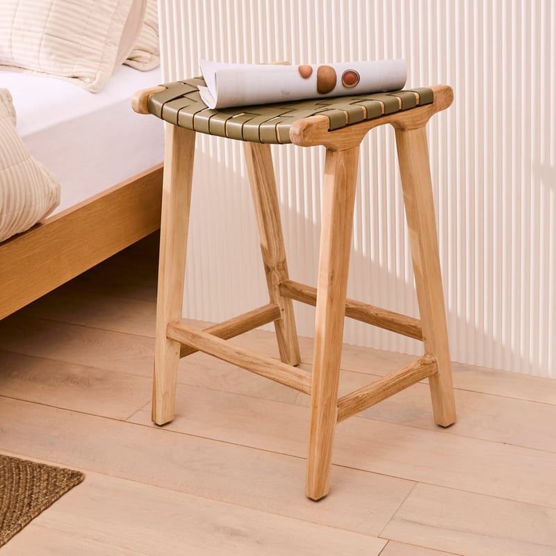 Palmer Woven Leather Khaki Backless Counter Stool
