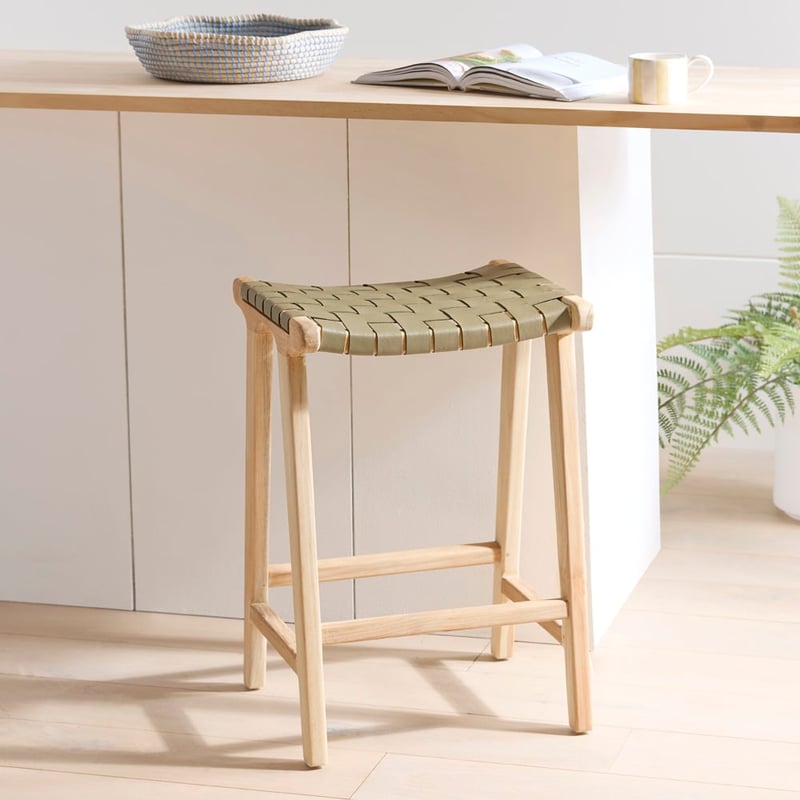 Palmer Woven Leather Khaki Backless Counter Stool