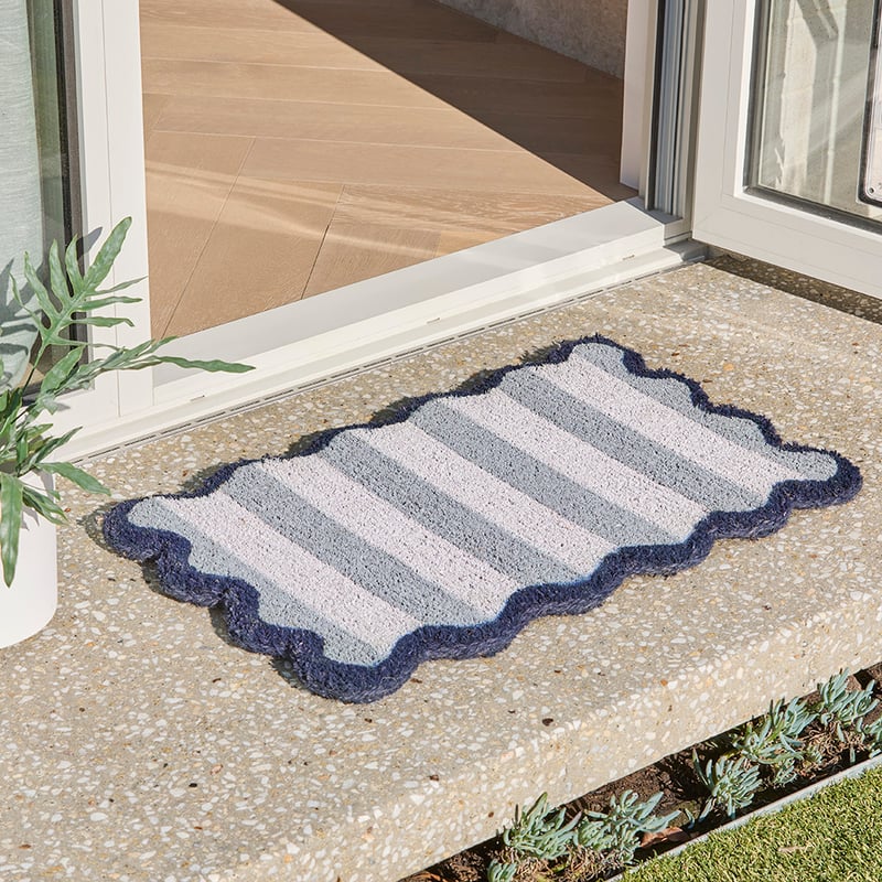 Coir Scallop Stripe Blue & White Doormat