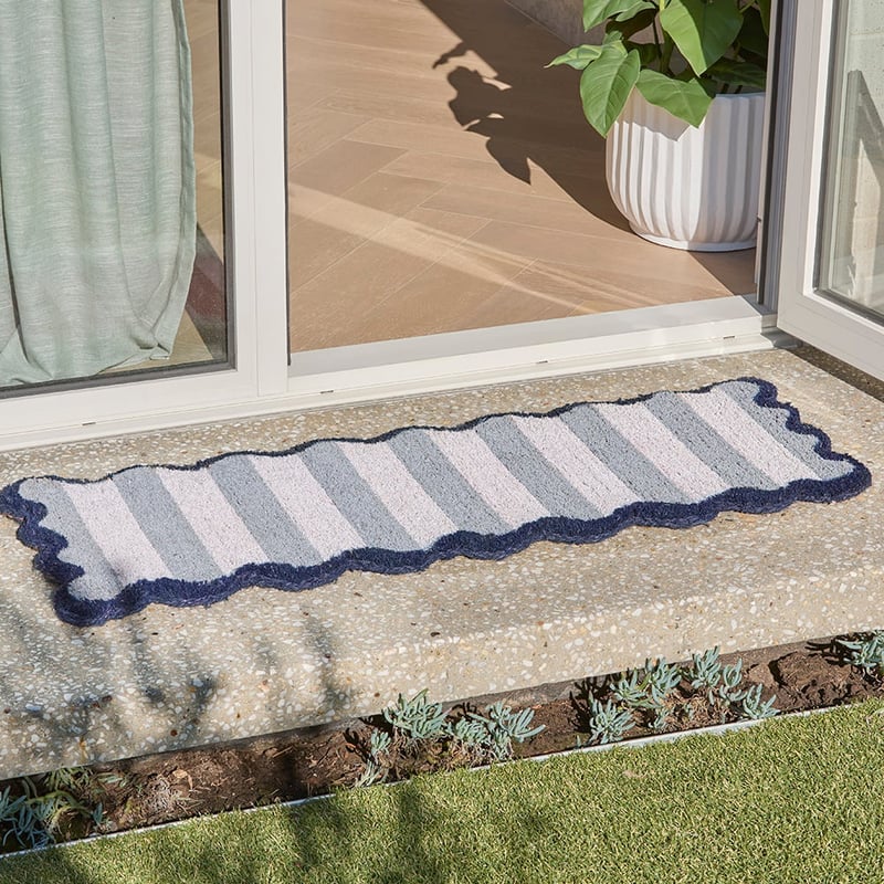 Coir Scallop Stripe Blue & White Long Doormat