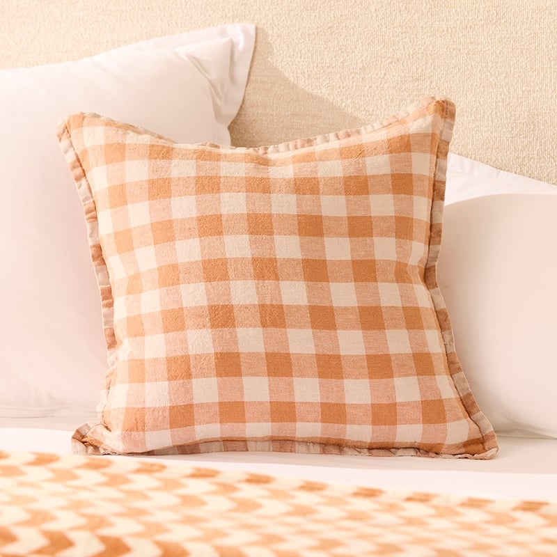 Belgian Natural & Pecan Check Vintage Washed Linen Cushion