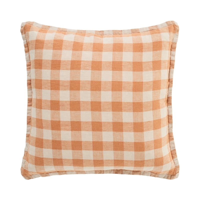 Belgian Natural & Pecan Check Vintage Washed Linen Cushion