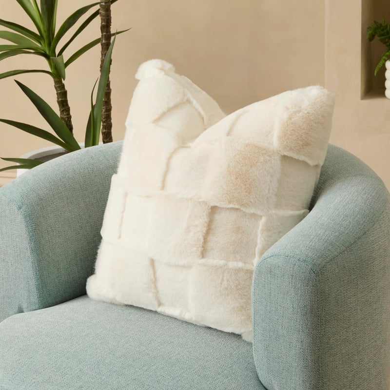 Clea Natural Check Fur Cushion