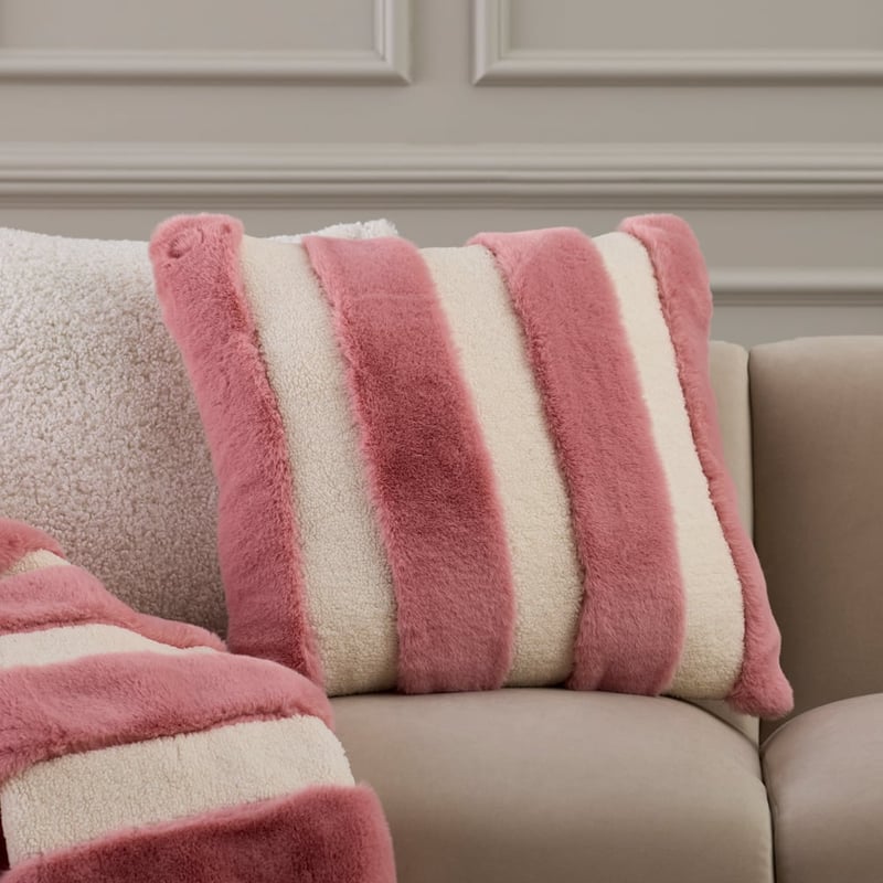 Neve Stripe Natural & Pink Fur Cushion