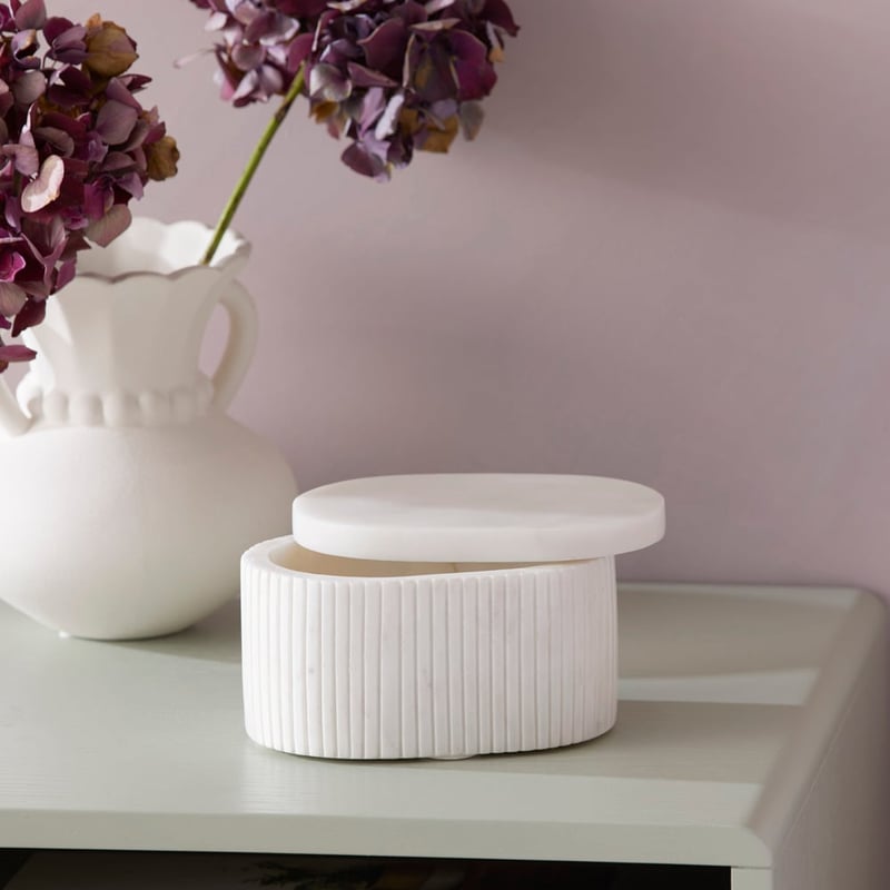 Myra White Ribbed Oval Jewellery Box